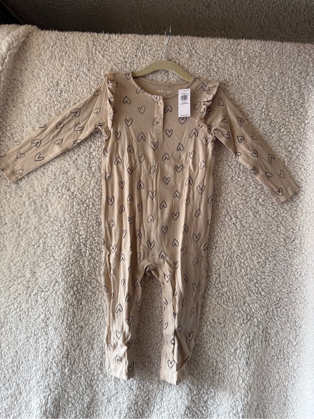 Old Navy Beige Heart-Print Long-Sleeve Baby One-Piece